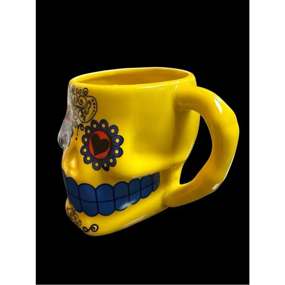 Yellow Sugar Skull Ceramic Mug with Blue and Red Accents